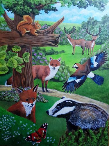 Lorna.  Woodland gathering, acrylic.